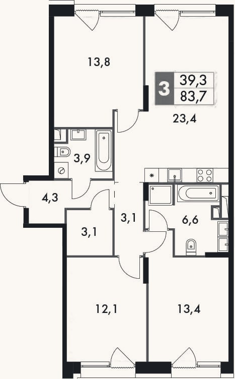 Планировка: 4+ к, 83,7 м²