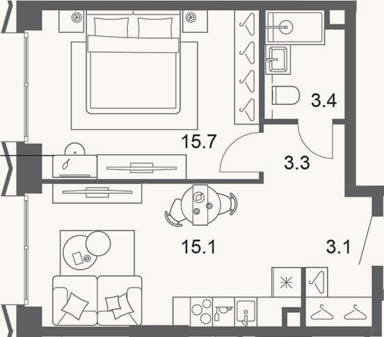 Планировка: 2-к, 40,6 м²