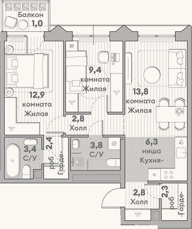 Планировка: 3-к, 59,9 м²