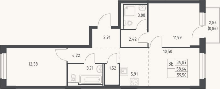 Планировка: 3-к, 58,6 м²