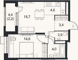 Планировка: 1-к, 46,9 м²