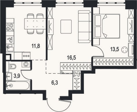 Планировка: 2-к, 52 м²