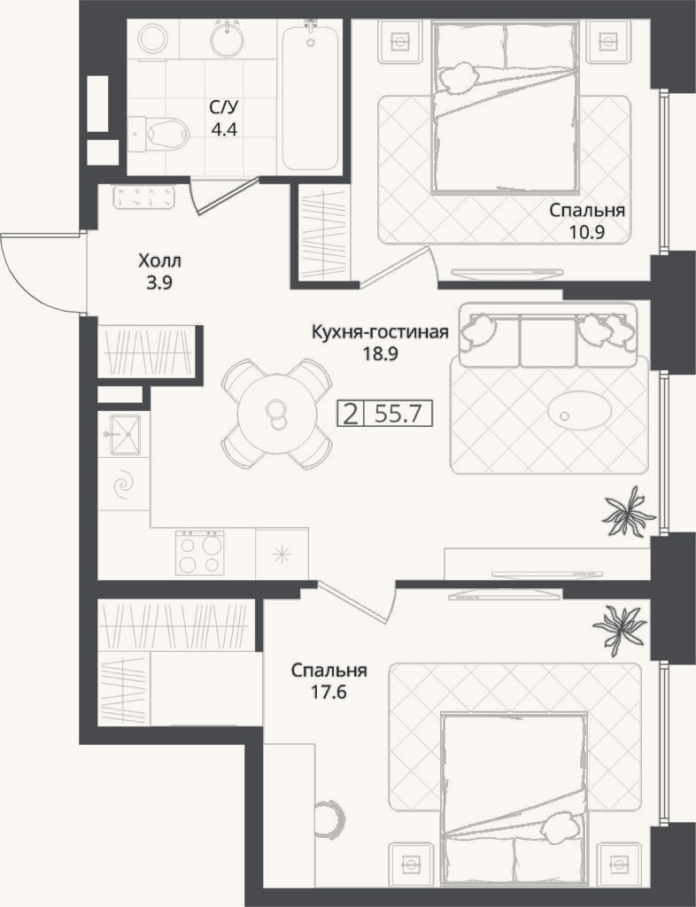 Планировка: 2-к, 55,7 м²