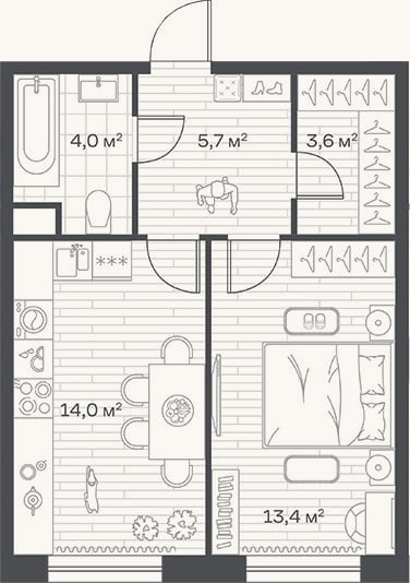 Планировка: 1-к, 40,7 м²
