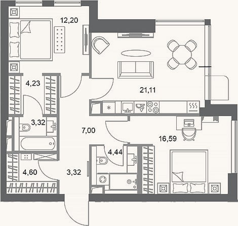Планировка: 2-к, 76,8 м²