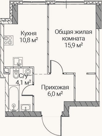 Планировка: 1-к, 36,8 м²