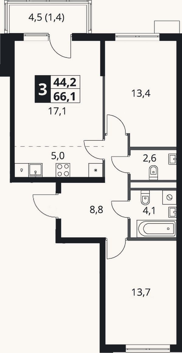 Планировка: 3-к, 65,7 м²