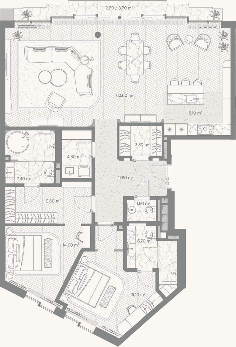 Планировка: 2-к, 149,8 м²