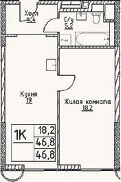 Планировка: 1-к, 46,8 м²