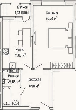 Планировка: 1-к, 42,9 м²