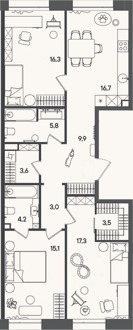 Планировка: 4+ к, 95,4 м²