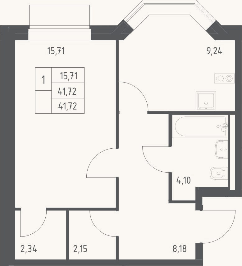 Планировка: 1-к, 41,7 м²