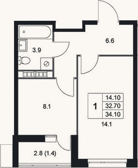 Планировка: 1-к, 32,9 м²