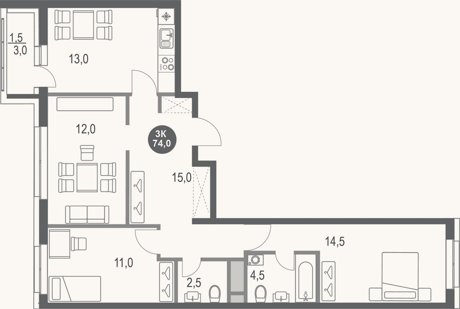 Планировка: 3-к, 72,5 м²