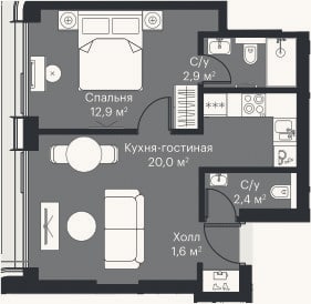Планировка: 2-к, 38,6 м²