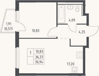 Планировка: 2-к, 36,4 м²