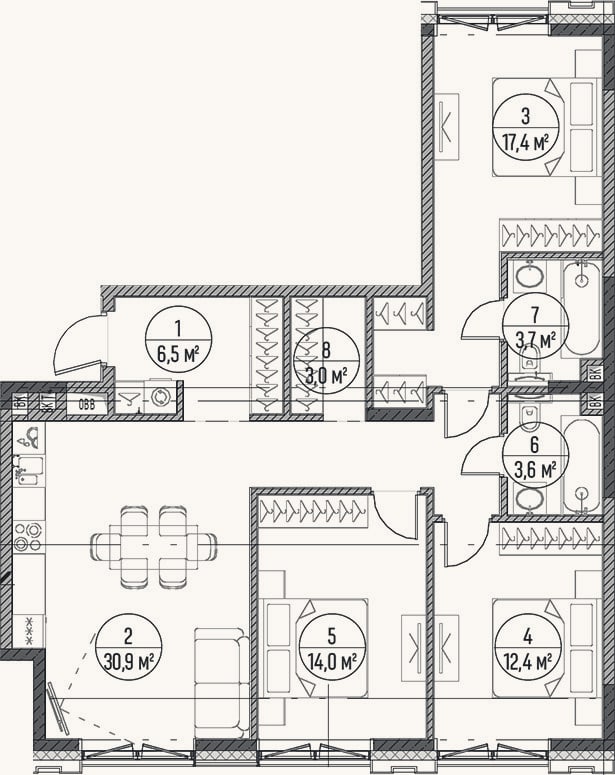Планировка: 4+ к, 91,5 м²