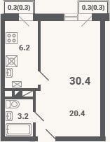 Планировка: 1-к, 29,8 м²