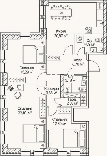 Планировка: 4+ к, 91,9 м²