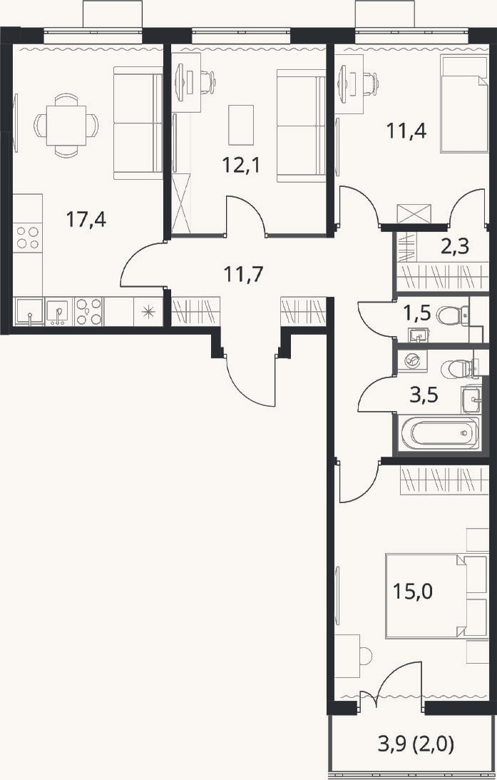 Планировка: 3-к, 74,9 м²