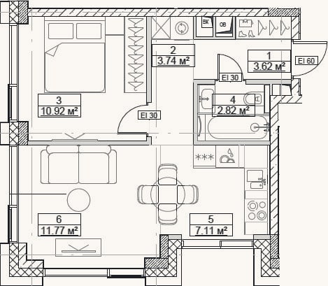 Планировка: 2-к, 40 м²