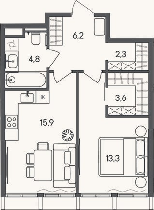 Планировка: 1-к, 46,1 м²