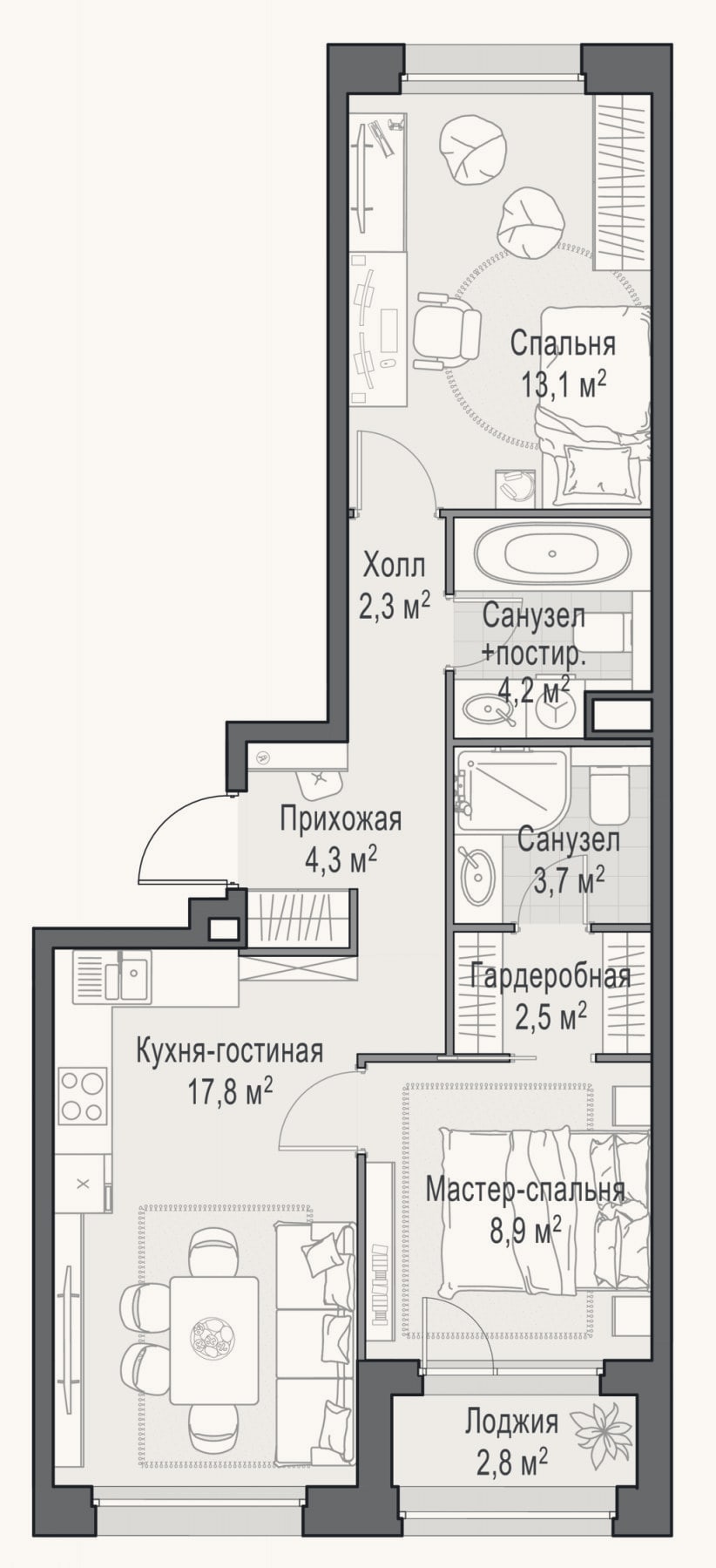 Планировка: 3-к, 57,1 м²