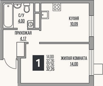 Планировка: 2-к, 32,3 м²