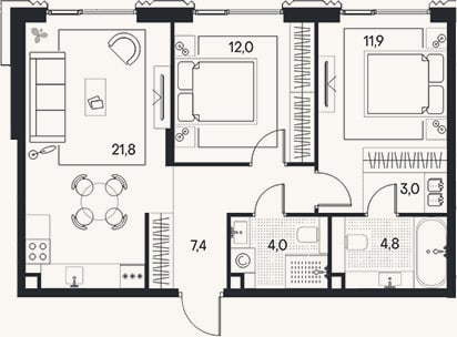 Планировка: 3-к, 64,9 м²