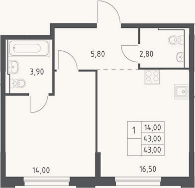 Планировка: 2-к, 43 м²