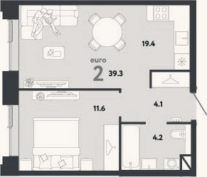 Планировка: 2-к, 39,3 м²