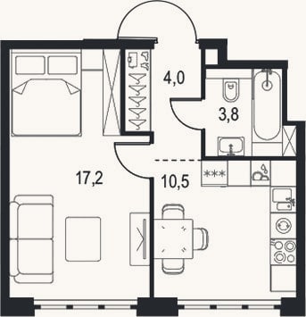 Планировка: 1-к, 35,5 м²