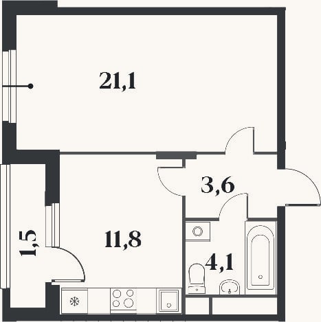 Планировка: 1-к, 40,6 м²
