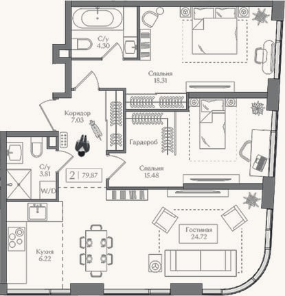 Планировка: 3-к, 79,9 м²