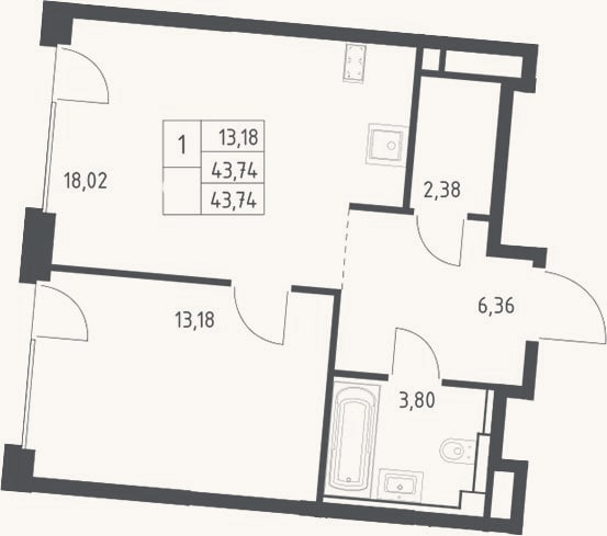Планировка: 2-к, 43,7 м²