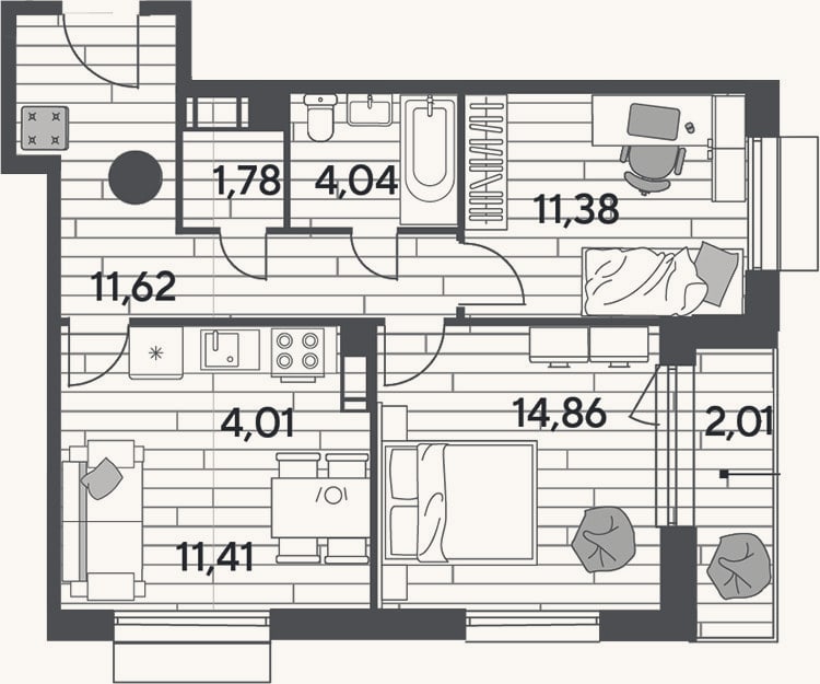 Планировка: 2-к, 59,1 м²