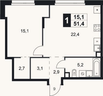 Планировка: 1-к, 51,4 м²