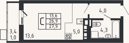 Планировка: Студия, 26,9 м²