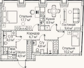 Планировка: 3-к, 69,1 м²