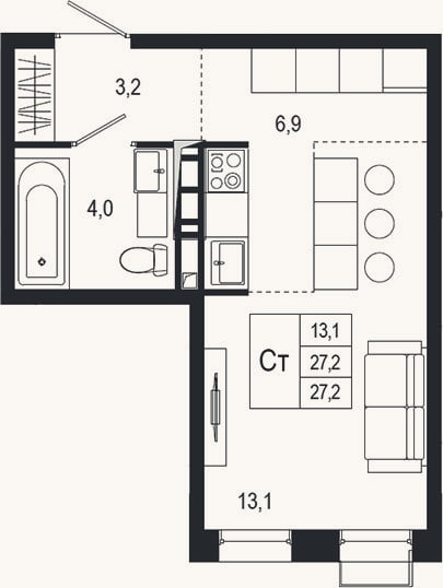 Планировка: Студия, 27,2 м²