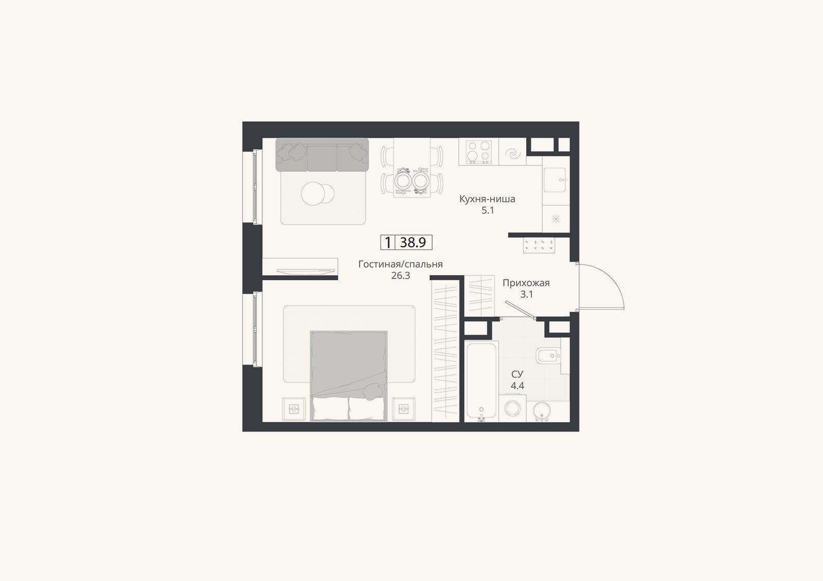 Планировка: Студия, 38,9 м²