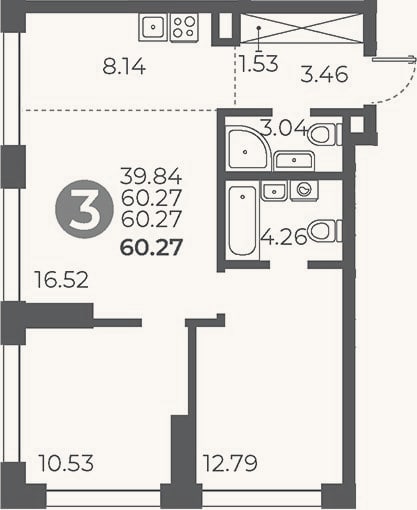 Планировка: 2-к, 60,3 м²