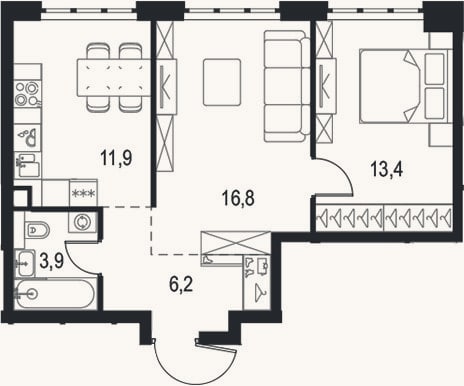 Планировка: 2-к, 52,2 м²