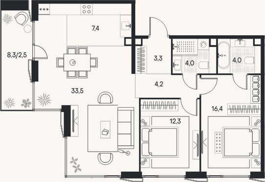 Планировка: 3-к, 85,1 м²