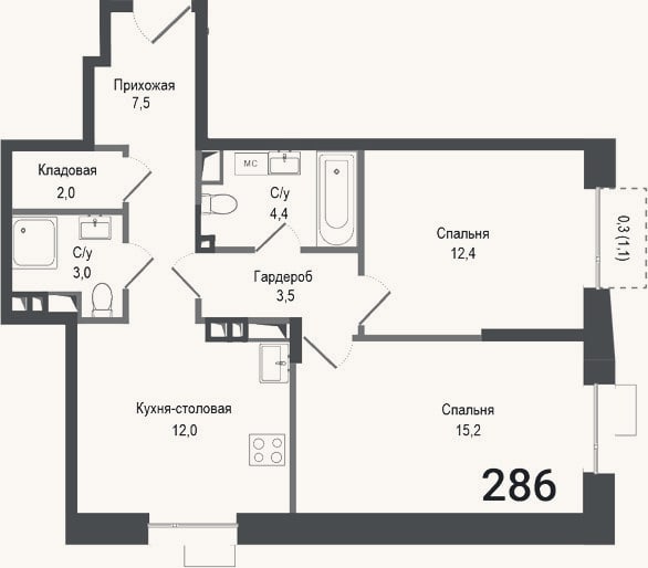 Планировка: 2-к, 60 м²