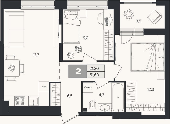 Планировка: 2-к, 49,9 м²