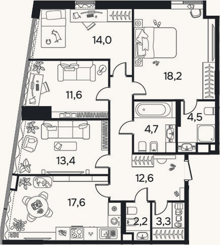 Планировка: 4+ к, 101,7 м²