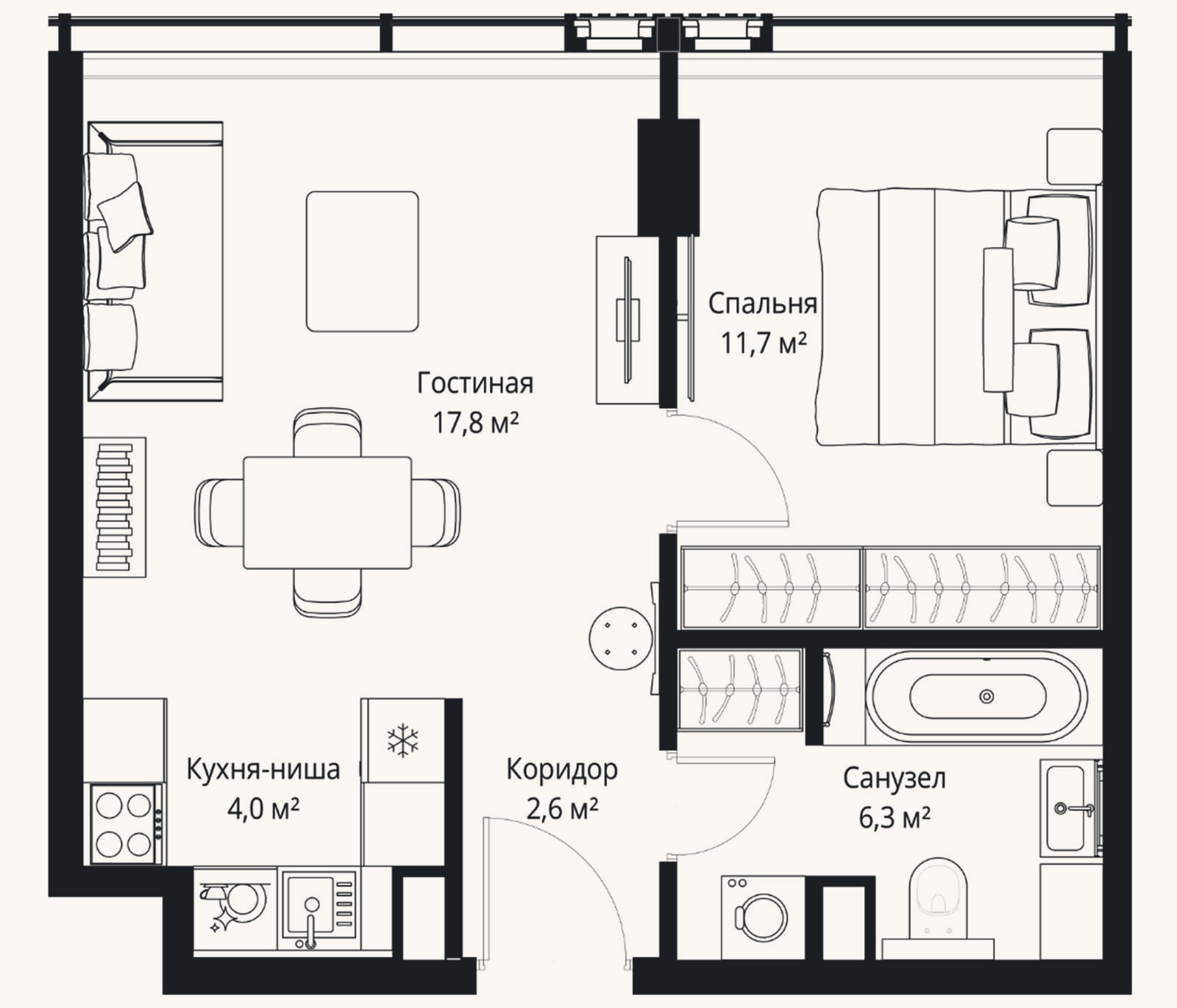Планировка: 2-к, 42,4 м²