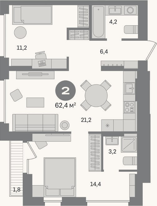 Планировка: 2-к, 60,6 м²