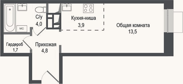 Планировка: Студия, 27,9 м²